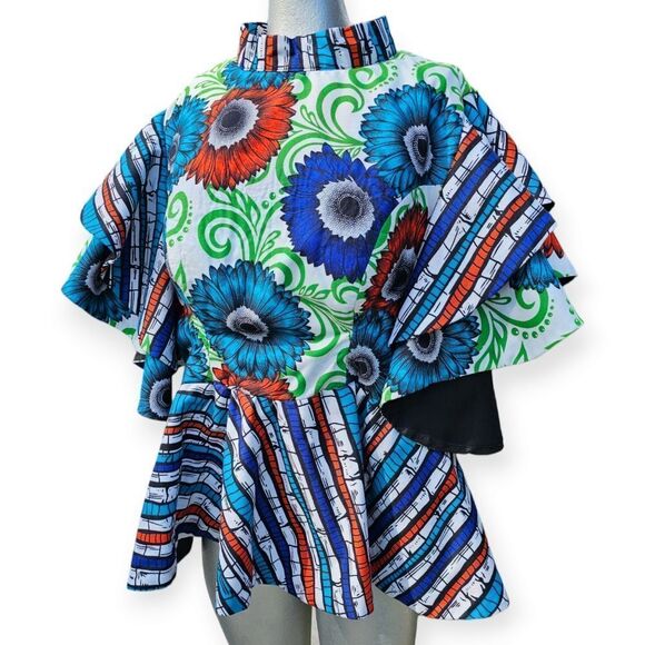 Handmade Abstract Oversized Dramatic Ruffle Sleeve Peplum Blue Green Top - Picture 1 of 9